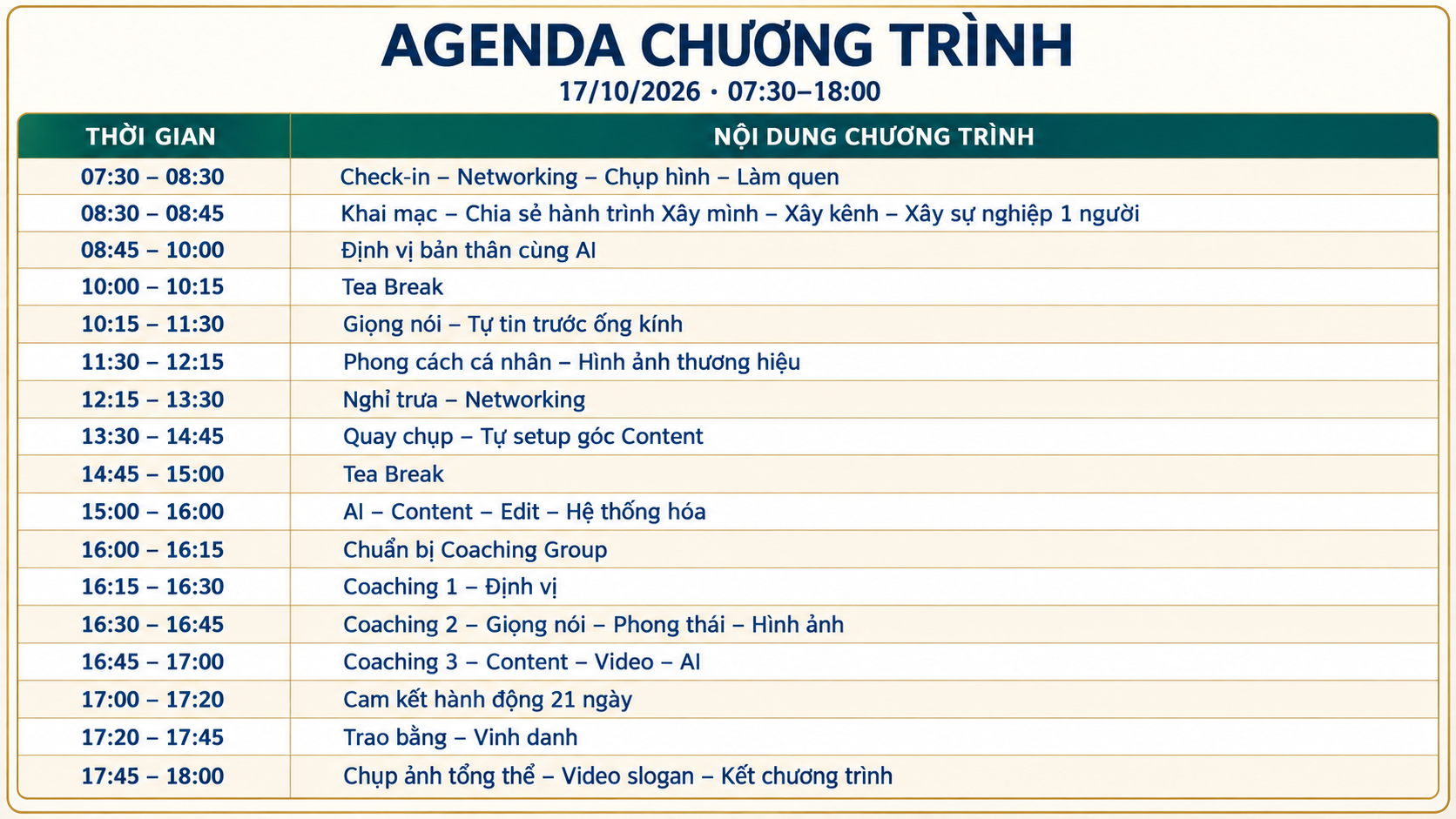 Agenda chương trình 17/10/2026, từ 07:30 đến 18:00